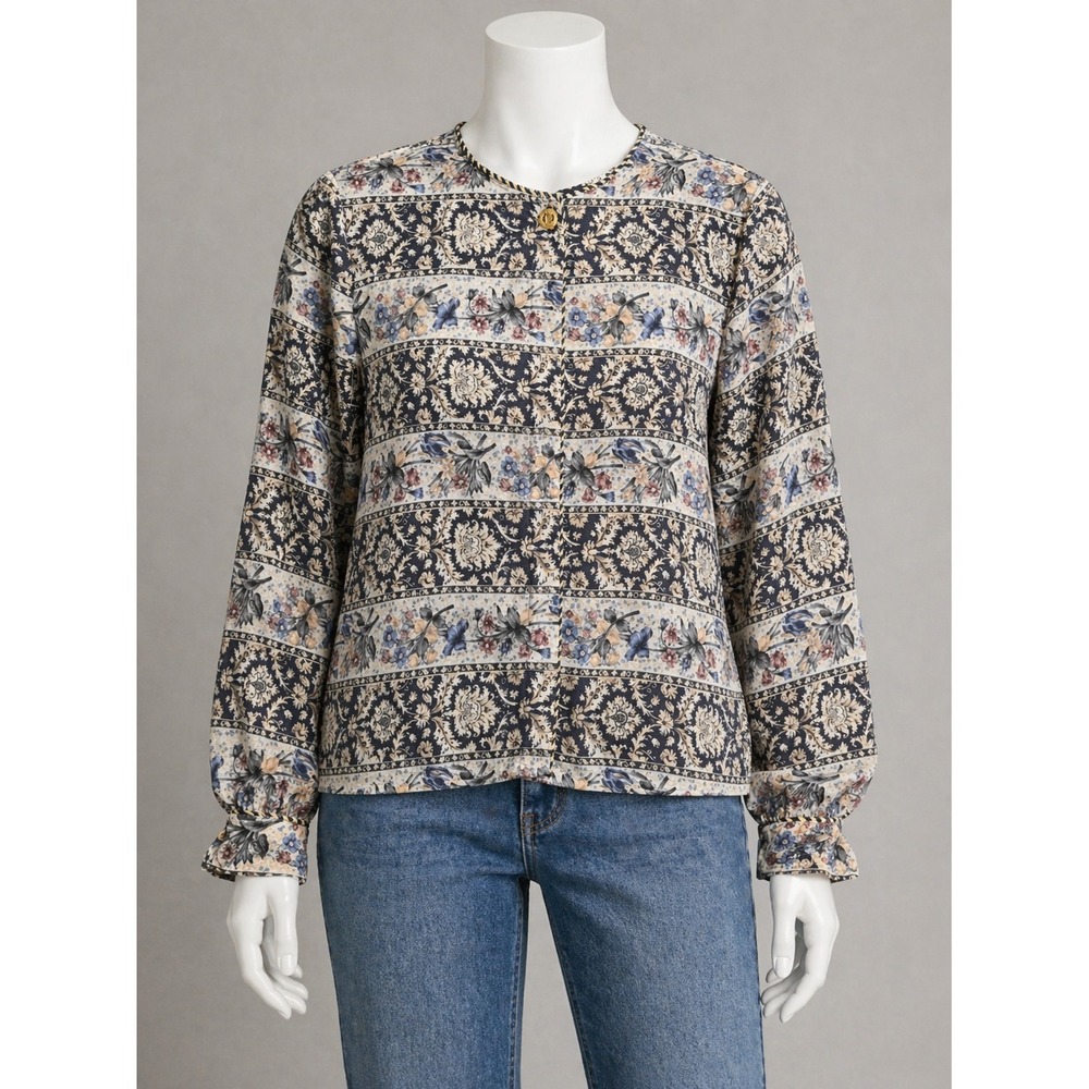 Women's Vintage Floral Paisley Blouse Boho Long Sleeve Button Front Retro Top - Picture 2 of 12